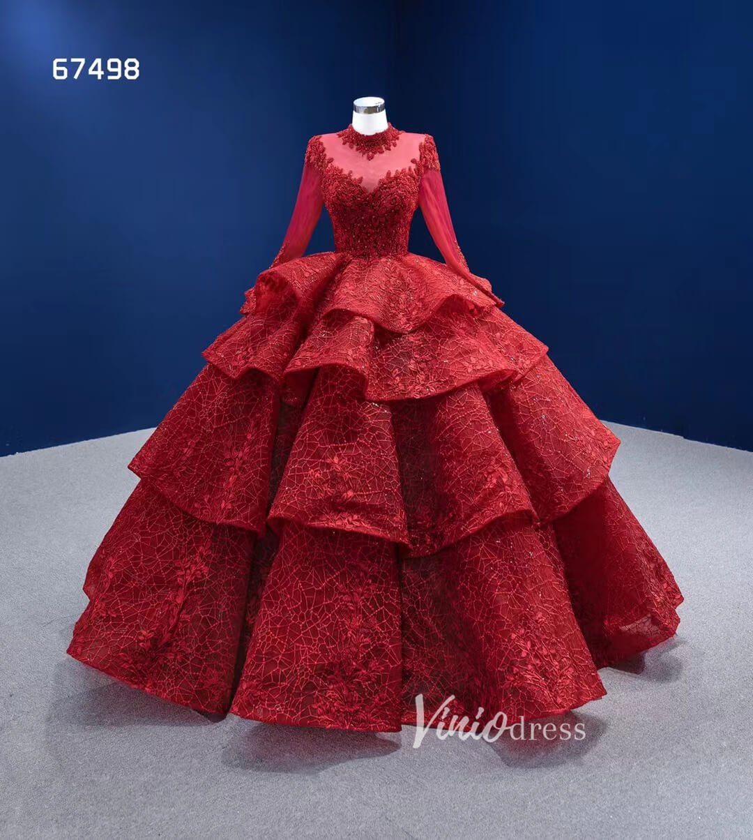 Modest High Neck Red Wedding Dress Long Sleeve Layered Ball Gown 67498-Quinceanera Dresses 2025 -Viniodress-Red-Custom Size-