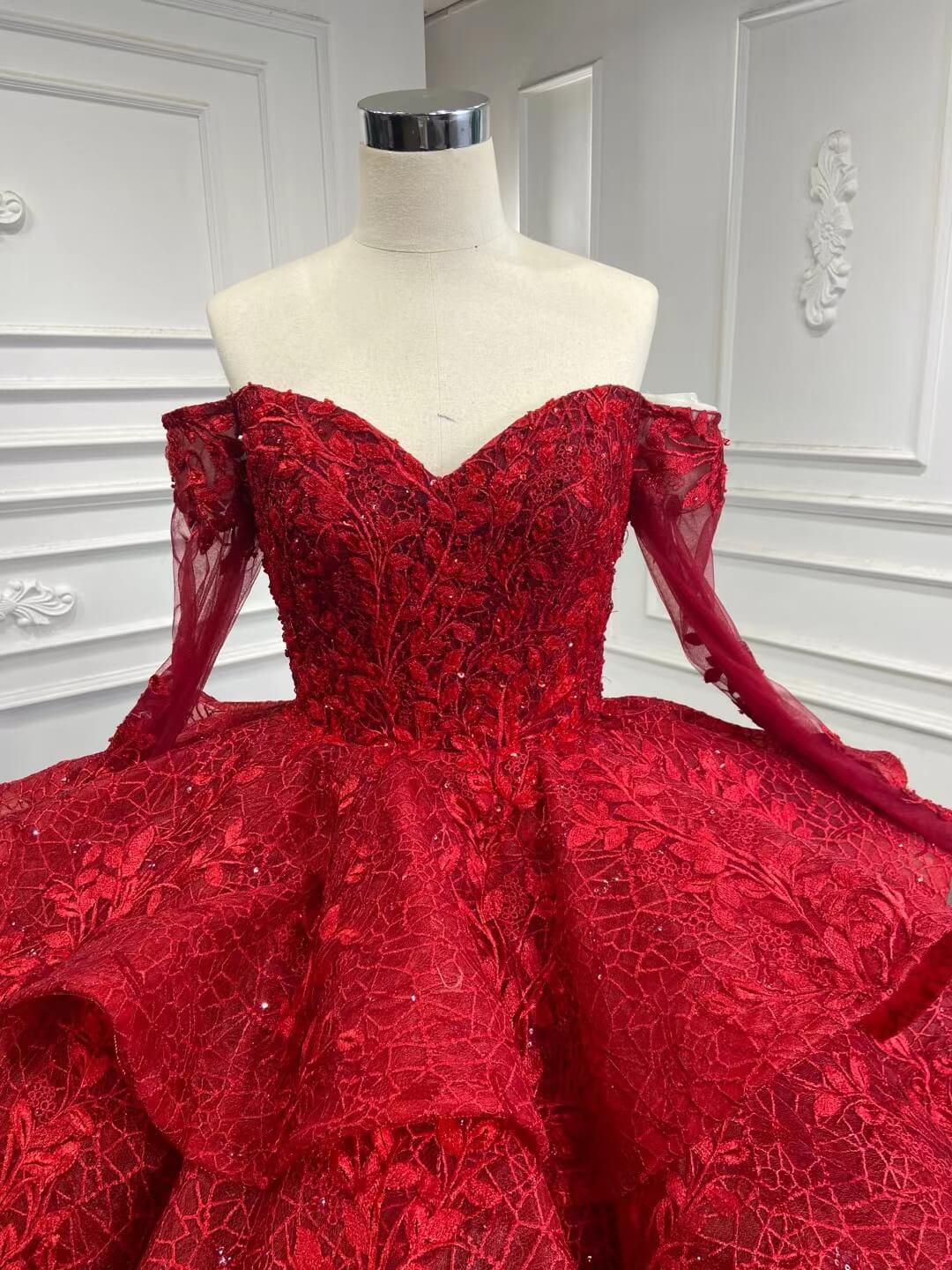 Modest High Neck Red Wedding Dress Long Sleeve Layered Ball Gown 67498-Quinceanera Dresses-Viniodress-Viniodress