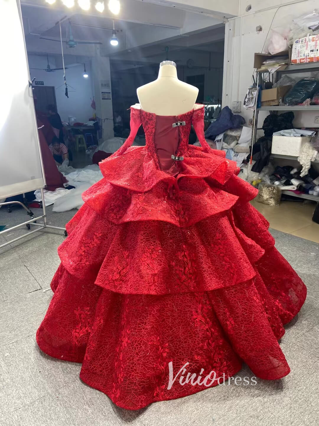 Modest High Neck Red Wedding Dress Long Sleeve Layered Ball Gown 67498-Quinceanera Dresses-Viniodress-Viniodress