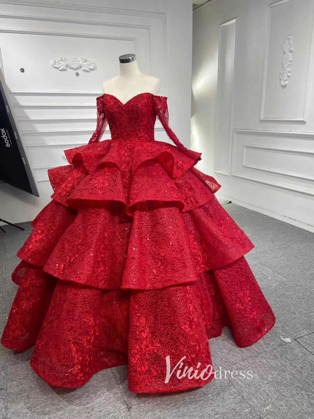 Modest High Neck Red Wedding Dress Long Sleeve Layered Ball Gown 67498-Quinceanera Dresses-Viniodress-Viniodress