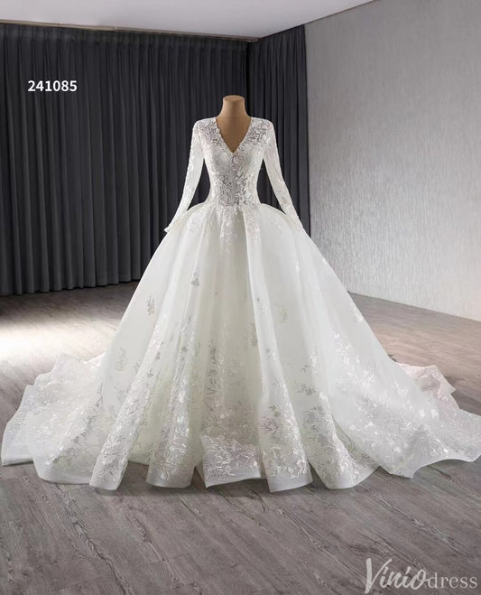 Modest Lace Long Sleeve Balll Gown Wedding Dresses V-neck Corset Back 241085-wedding dresses 2025 -Viniodress-Ivory-Custom Size-