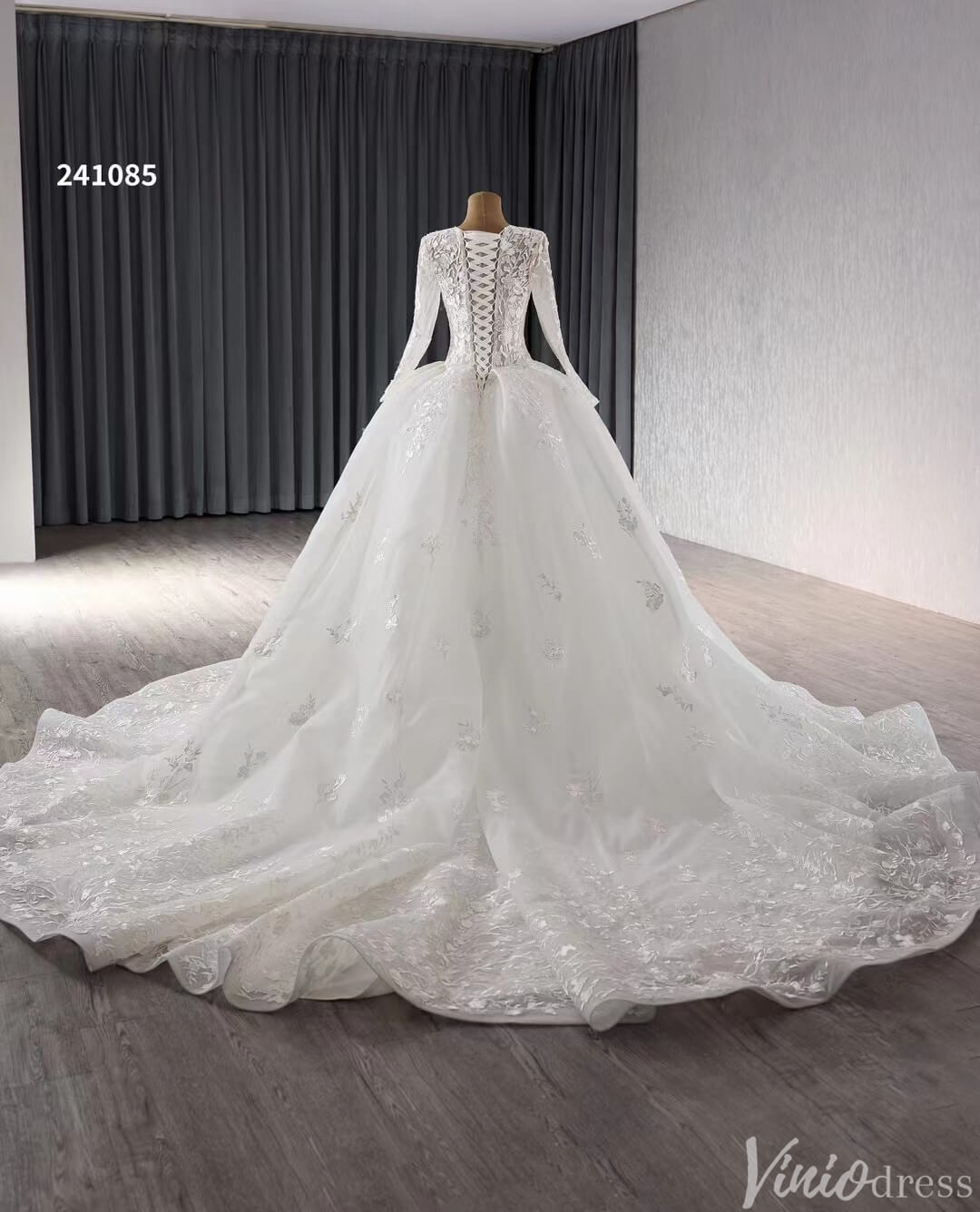 Modest Lace Long Sleeve Balll Gown Wedding Dresses V - neck Corset Back 241085 - Viniodresswedding dressesIvoryCustom Size - Formal Dresses - Ball Gowns