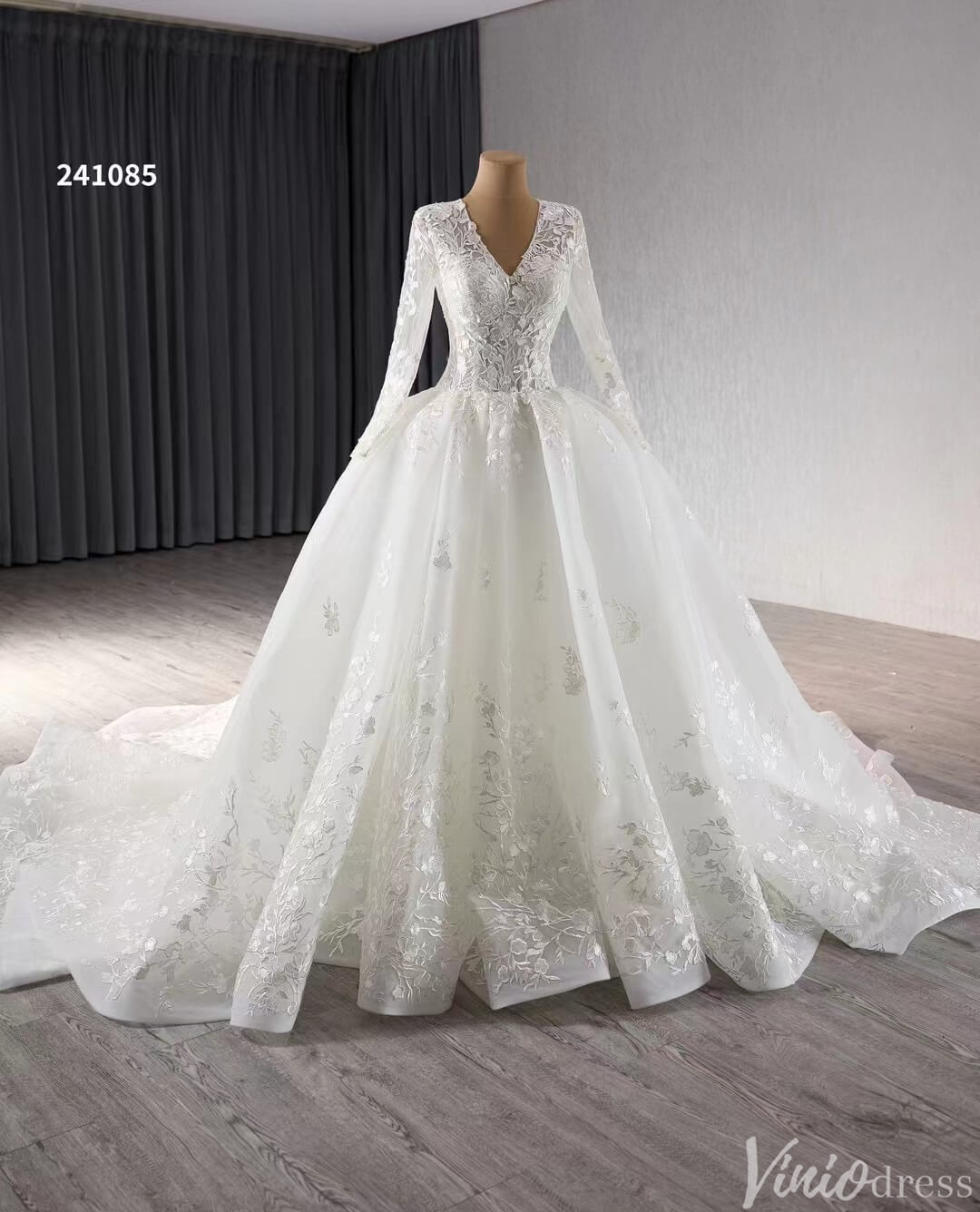 Modest Lace Long Sleeve Balll Gown Wedding Dresses V - neck Corset Back 241085 - Viniodresswedding dressesIvoryCustom Size - Formal Dresses - Ball Gowns