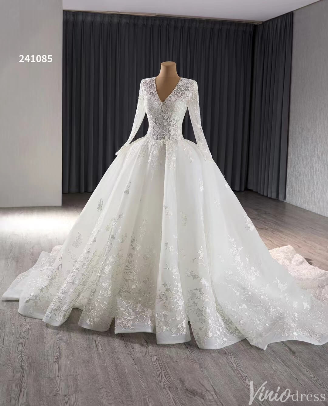 Modest Lace Long Sleeve Balll Gown Wedding Dresses V - neck Corset Back 241085 - Viniodresswedding dressesIvoryCustom Size - Formal Dresses - Ball Gowns