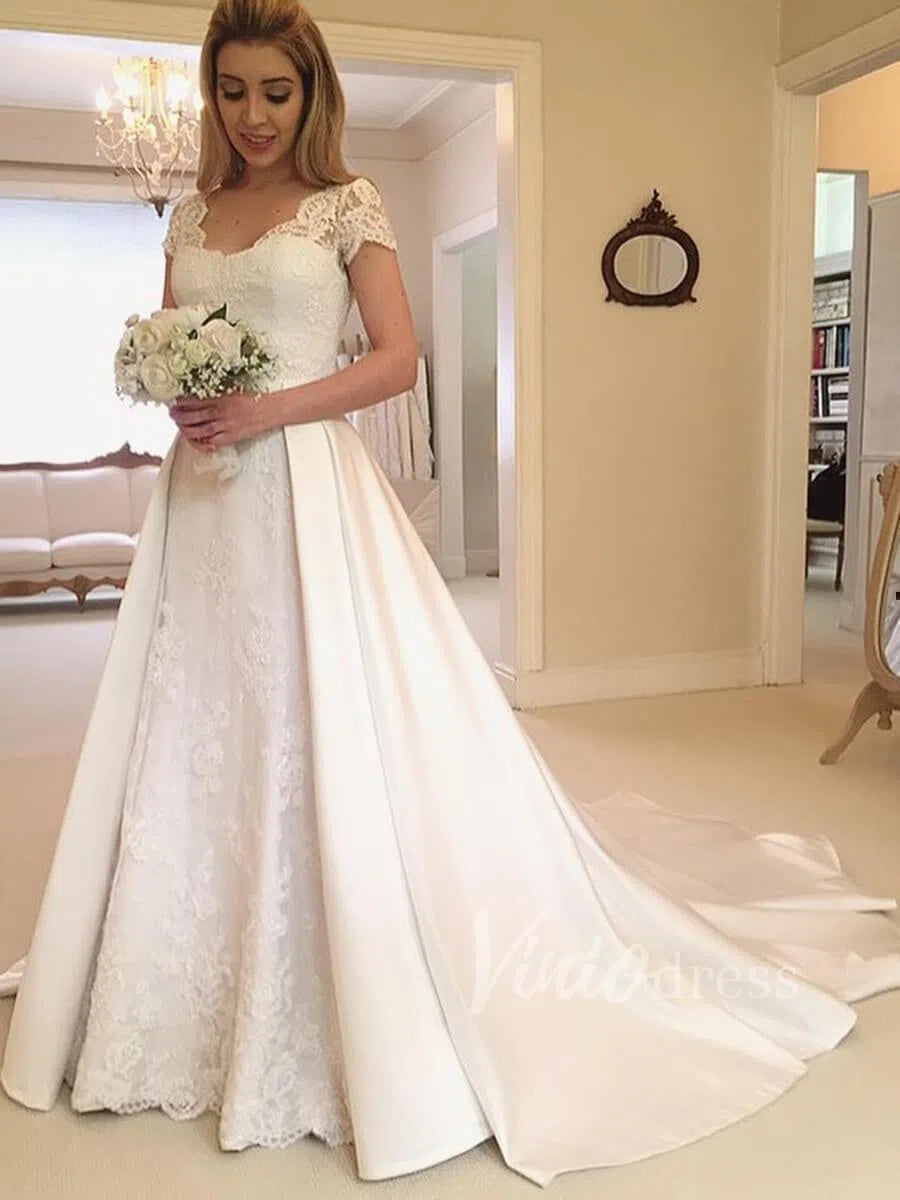 Modest Lace Wedding Dresses with Overskirt VW1246-wedding dresses 2025 -Viniodress-Ivory-Custom Size-