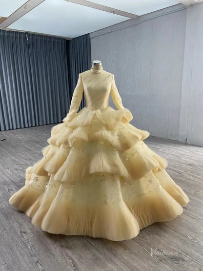 Modest Layered Muslim Wedding Dress High Neck Long Sleeve Ball Gown with Sparkly Appliques 251051-wedding dresses 2026-Viniodress-Ivory-Custom Size-