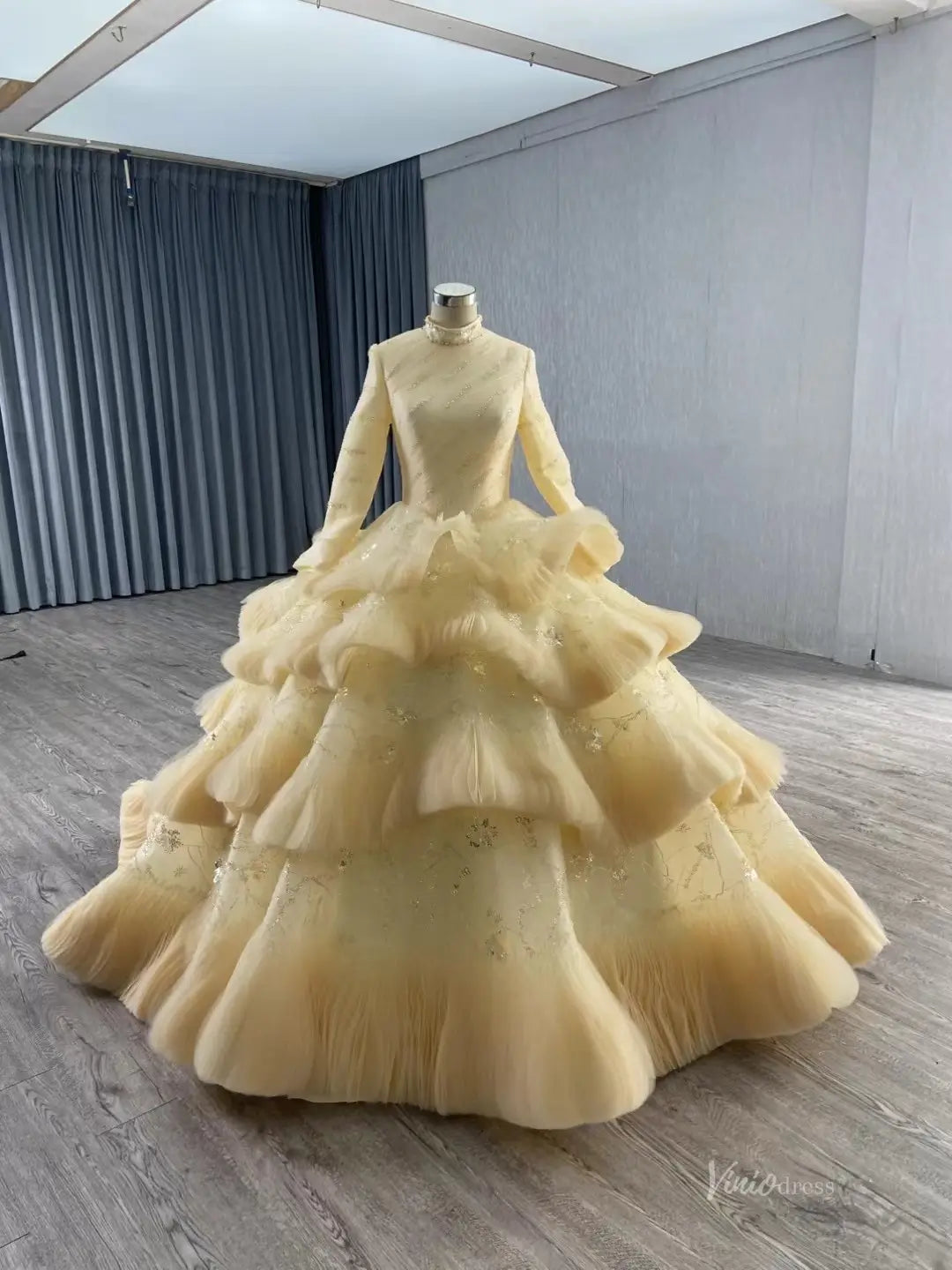 Modest Layered Muslim Wedding Dress High Neck Long Sleeve Ball Gown with Sparkly Appliques 251051-wedding dresses 2026-Viniodress-Ivory-Custom Size-