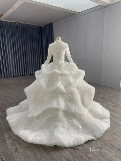 Modest Layered Muslim Wedding Dress High Neck Long Sleeve Ball Gown with Sparkly Appliques 251051-wedding dresses 2026-Viniodress-Ivory-Custom Size-