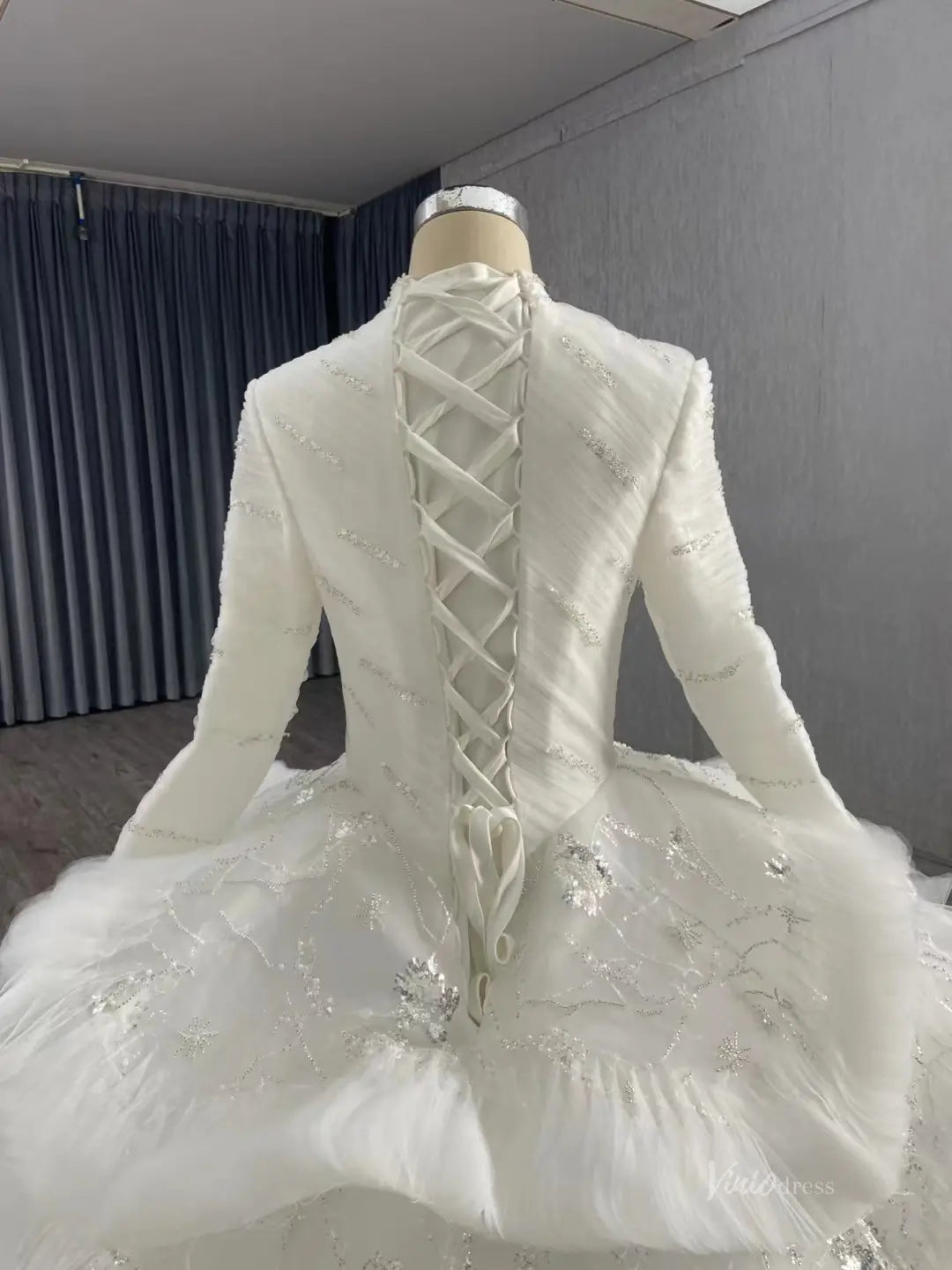 Modest Layered Muslim Wedding Dress High Neck Long Sleeve Ball Gown with Sparkly Appliques 251051-wedding dresses 2026-Viniodress-Ivory-Custom Size-