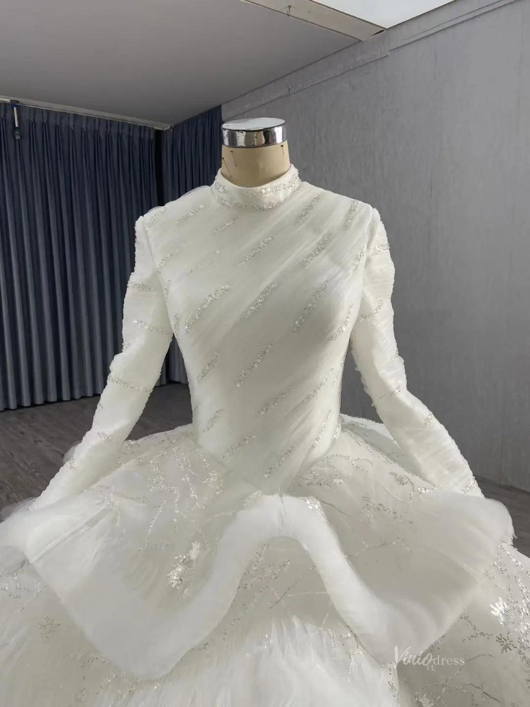 Modest Layered Muslim Wedding Dress High Neck Long Sleeve Ball Gown with Sparkly Appliques 251051-wedding dresses 2026-Viniodress-Ivory-Custom Size-