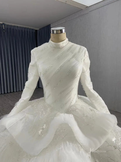 Modest Layered Muslim Wedding Dress High Neck Long Sleeve Ball Gown with Sparkly Appliques 251051-wedding dresses 2026-Viniodress-Ivory-Custom Size-
