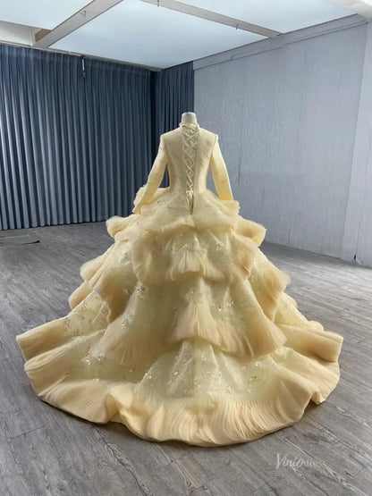 Modest Layered Muslim Wedding Dress High Neck Long Sleeve Ball Gown with Sparkly Appliques 251051-wedding dresses 2026-Viniodress-Ivory-Custom Size-