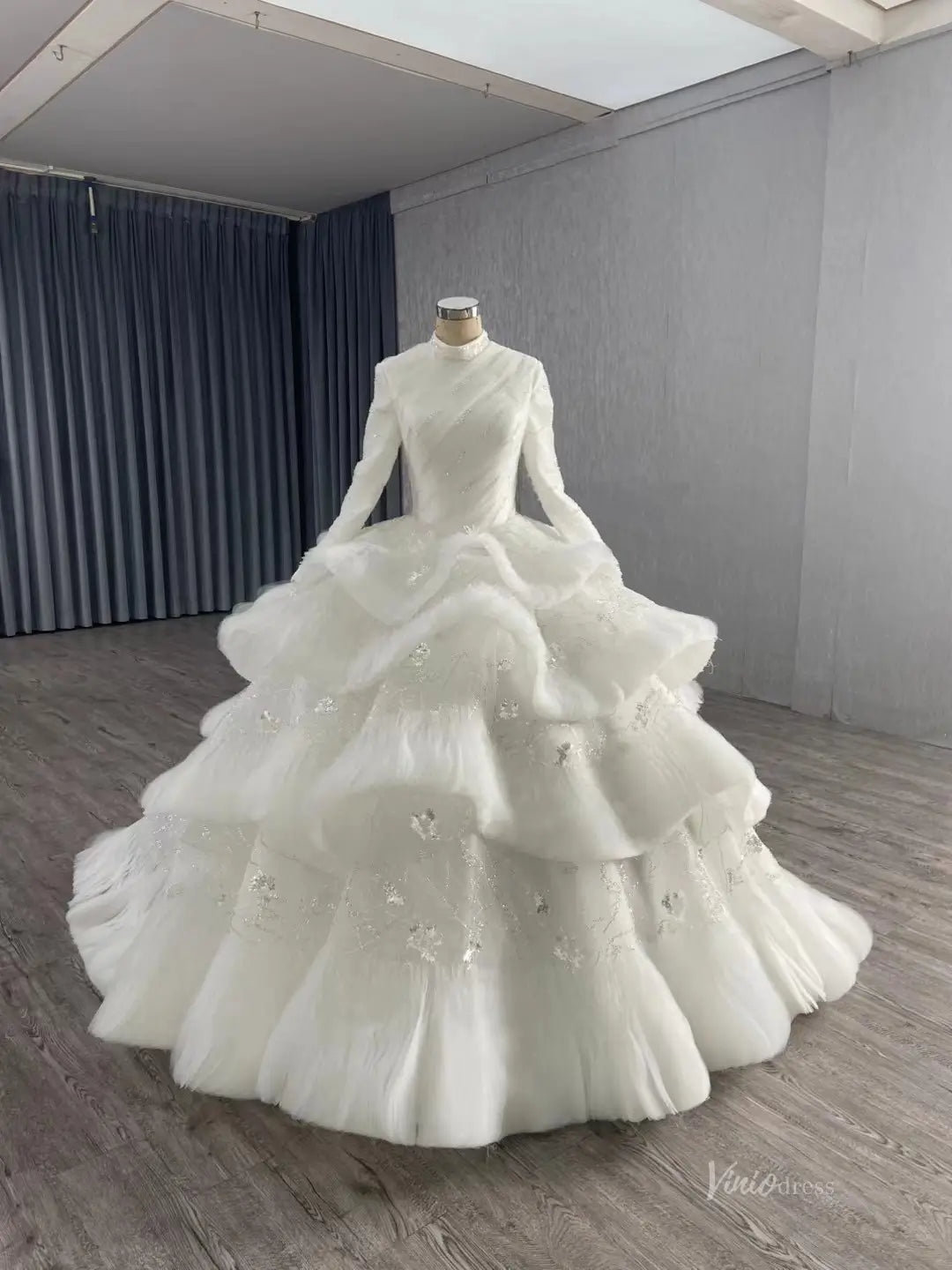 Modest Layered Muslim Wedding Dress High Neck Long Sleeve Ball Gown with Sparkly Appliques 251051-wedding dresses 2026-Viniodress-Ivory-Custom Size-
