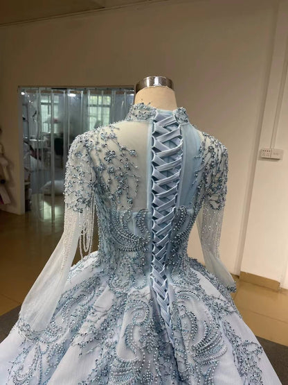 Beaded Light Blue Quince Dress High Neck Ball Gown with Sleeves viniodress-Quinceanera Dresses 2025 -Viniodress-Light Blue-Custom Size-