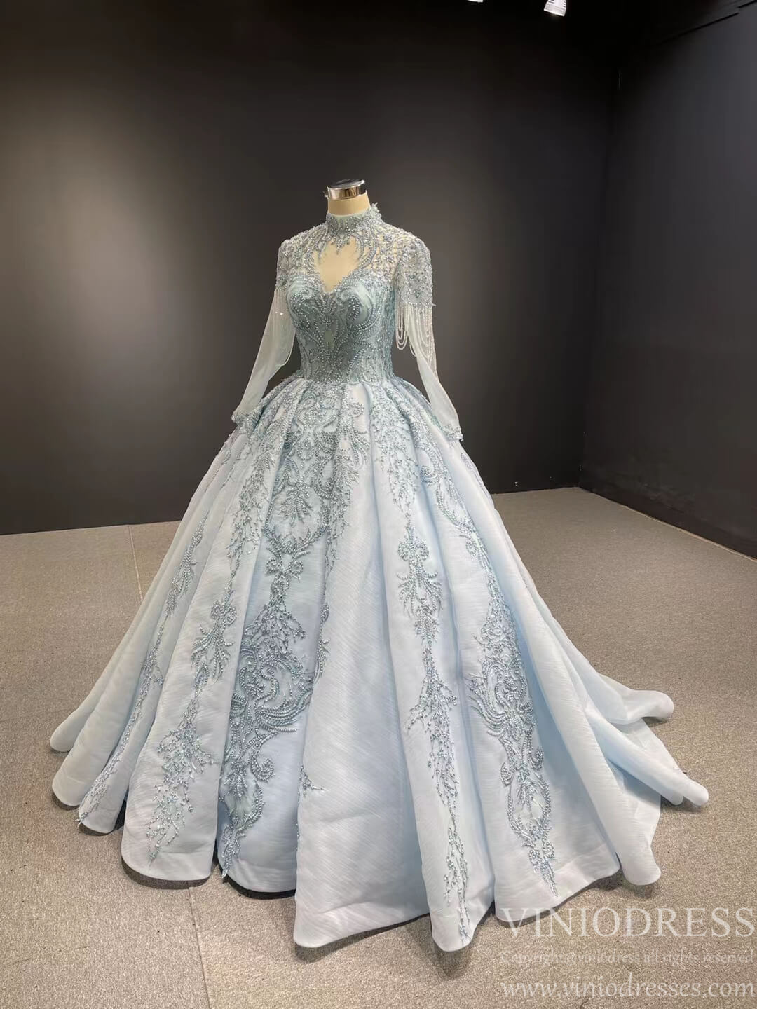 Modest Light Blue Quinceaera Dress High Neck Long Sleeve Ball Gown | Viniodress Modest Light Blue Quinceaera Dress High Neck Long Sleeve Ball Gown | Viniodress