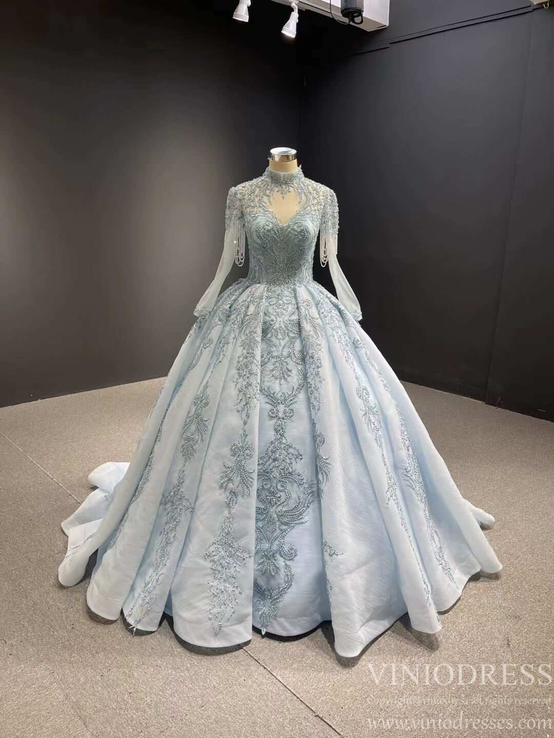 Beaded Light Blue Quince Dress High Neck Ball Gown with Sleeves viniodress-Quinceanera Dresses 2025 -Viniodress-Light Blue-Custom Size-