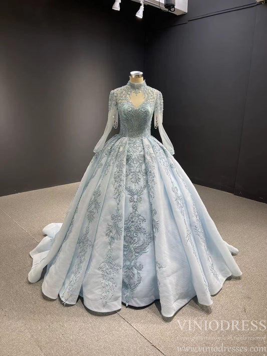 Beaded Light Blue Quince Dress High Neck Ball Gown with Sleeves viniodress-Quinceanera Dresses 2025 -Viniodress-Light Blue-Custom Size-