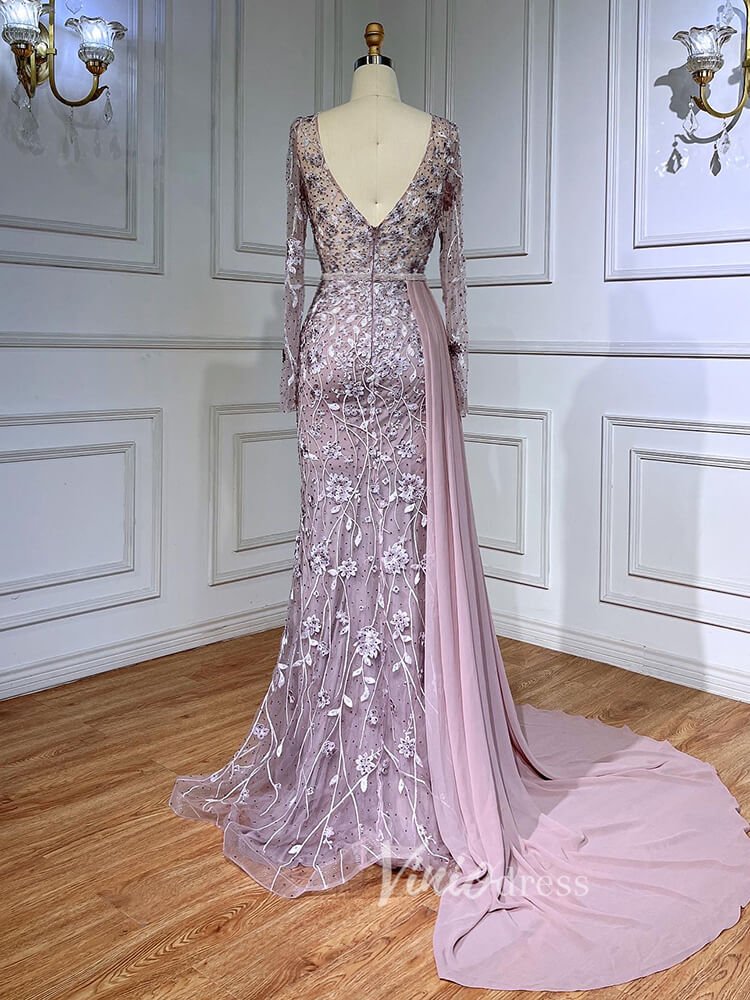Modest Long Sleeve Evening Dresses Beaded Lace Prom Dress with Chiffon Train 20031-Evening Dresses 2025 -Viniodress-Pink-US 2-