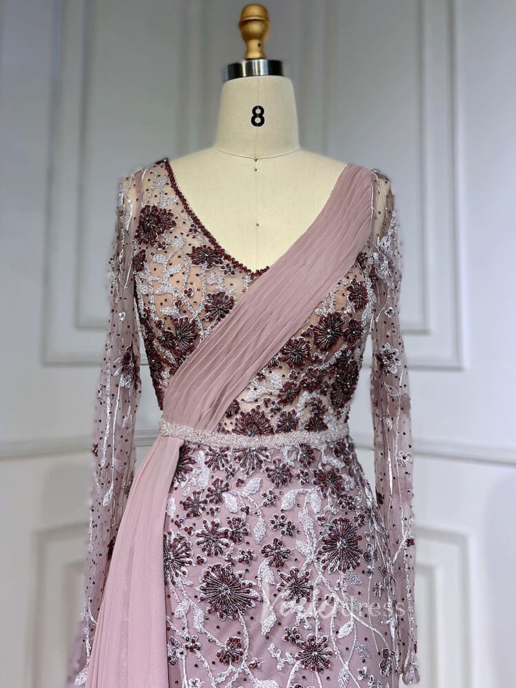 Modest Long Sleeve Evening Dresses Beaded Lace Prom Dress with Chiffon Train 20031-Evening Dresses 2025 -Viniodress-Pink-US 2-