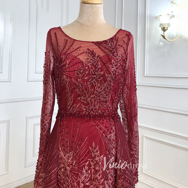 Prom Dress 2025 Modest Long Sleeve Monther of the Bride Dresses Overskirt Pageant Dress FD2496-unique prom dresses-Burgundy-US 2-Viniodress