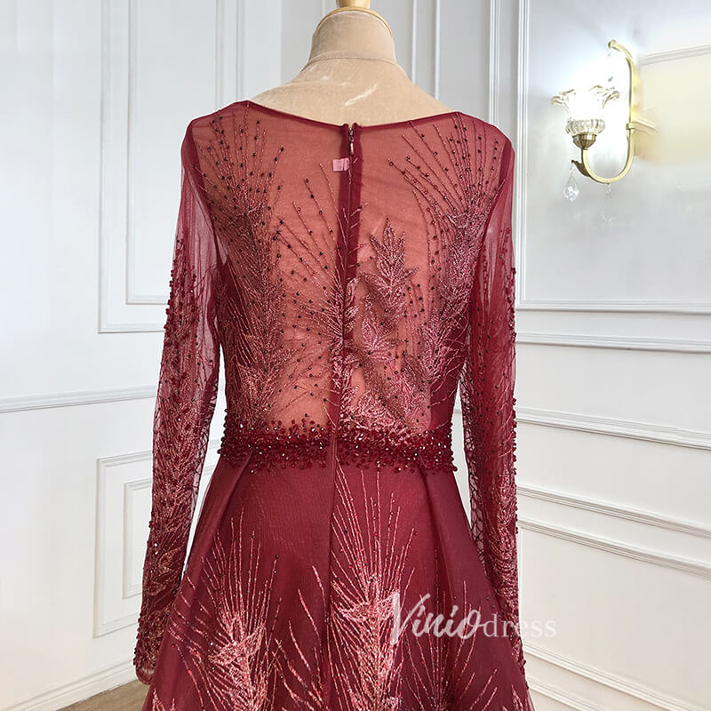 Prom Dress 2025 Modest Long Sleeve Monther of the Bride Dresses Overskirt Pageant Dress FD2496-unique prom dresses-Burgundy-US 2-Viniodress