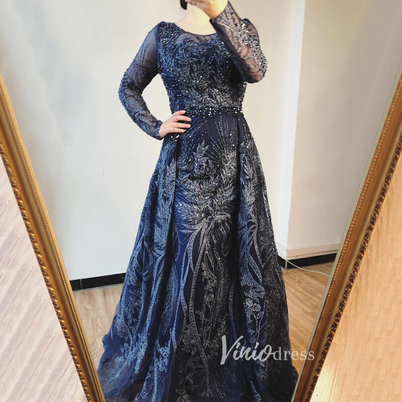 Prom Dress 2025 Modest Long Sleeve Monther of the Bride Dresses Overskirt Pageant Dress FD2496-unique prom dresses-Navy Blue-US 2-Viniodress