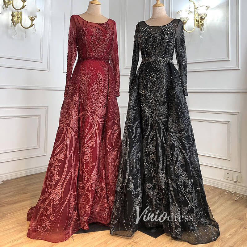 Prom Dress 2025 Modest Long Sleeve Monther of the Bride Dresses Overskirt Pageant Dress FD2496-unique prom dresses-Burgundy-US 2-Viniodress