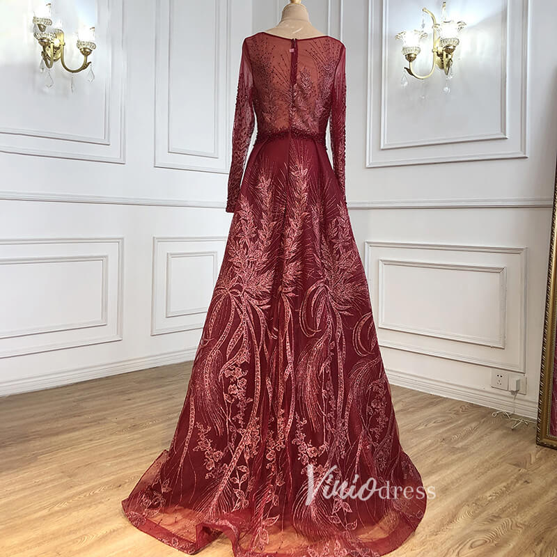 Prom Dress 2025 Modest Long Sleeve Monther of the Bride Dresses Overskirt Pageant Dress FD2496-unique prom dresses-Burgundy-US 2-Viniodress