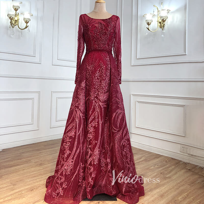 Prom Dress 2025 Modest Long Sleeve Monther of the Bride Dresses Overskirt Pageant Dress FD2496-unique prom dresses-Burgundy-US 2-Viniodress