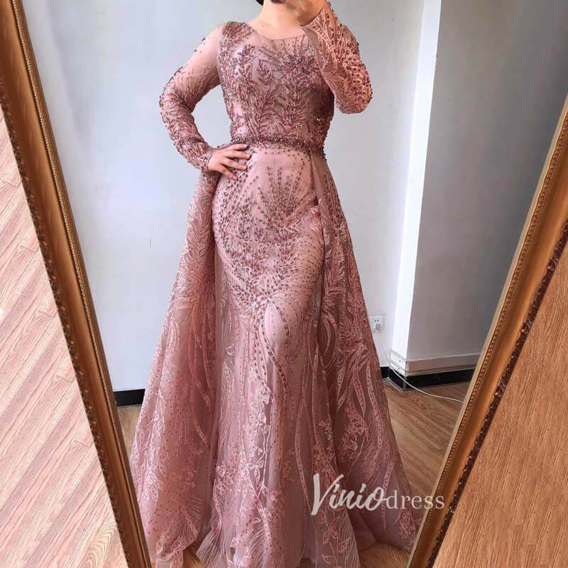 Prom Dress 2025 Modest Long Sleeve Monther of the Bride Dresses Overskirt Pageant Dress FD2496-unique prom dresses-Dusty Rose-US 2-Viniodress