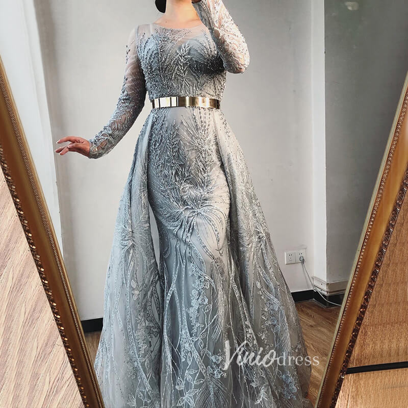 Prom Dress 2025 Modest Long Sleeve Monther of the Bride Dresses Overskirt Pageant Dress FD2496-unique prom dresses-Grey-US 2-Viniodress