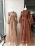 Modest Long Tulle Formal Evening Dress with Bishop Sleeve FD1452-prom dresses-Viniodress-Viniodress