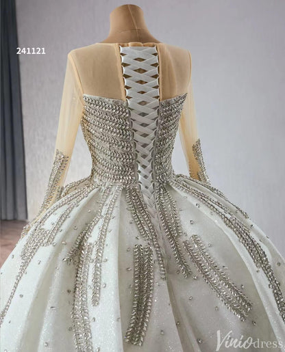 Modest Luxury Rhinestones Balll Gown Wedding Dresses with Sleeves 241121-wedding dresses 2025 -Viniodress-Ivory-Custom Size-