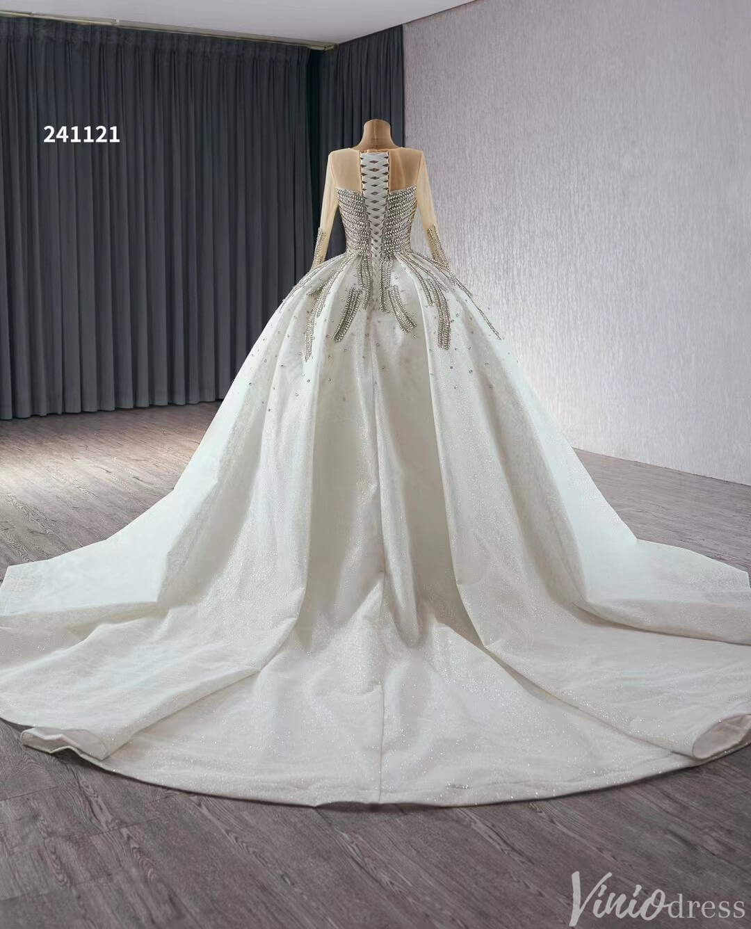 Modest Luxury Rhinestones Balll Gown Wedding Dresses with Sleeves 241121 - Viniodresswedding dressesIvoryCustom Size - Formal Dresses - Ball Gowns