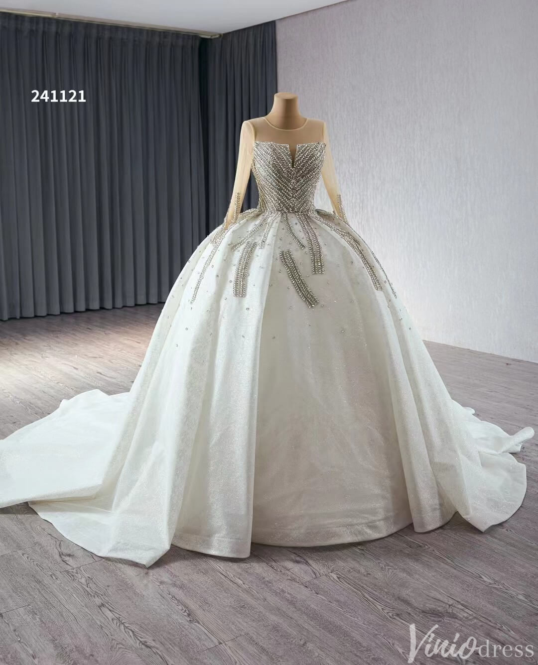 Modest Luxury Rhinestones Balll Gown Wedding Dresses with Sleeves 241121 - Viniodresswedding dressesIvoryCustom Size - Formal Dresses - Ball Gowns