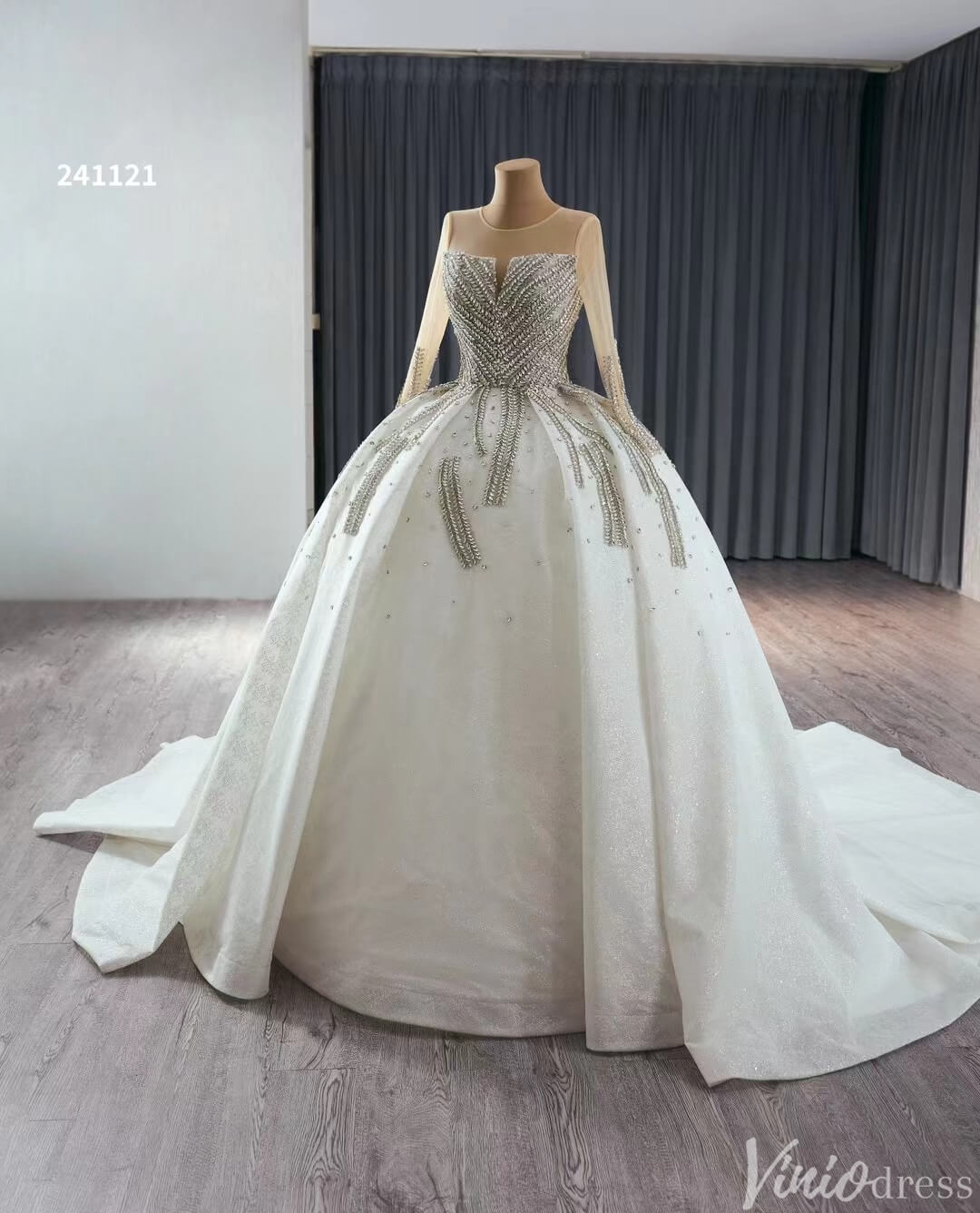 Modest Luxury Rhinestones Balll Gown Wedding Dresses with Sleeves 241121 - Viniodresswedding dressesIvoryCustom Size - Formal Dresses - Ball Gowns