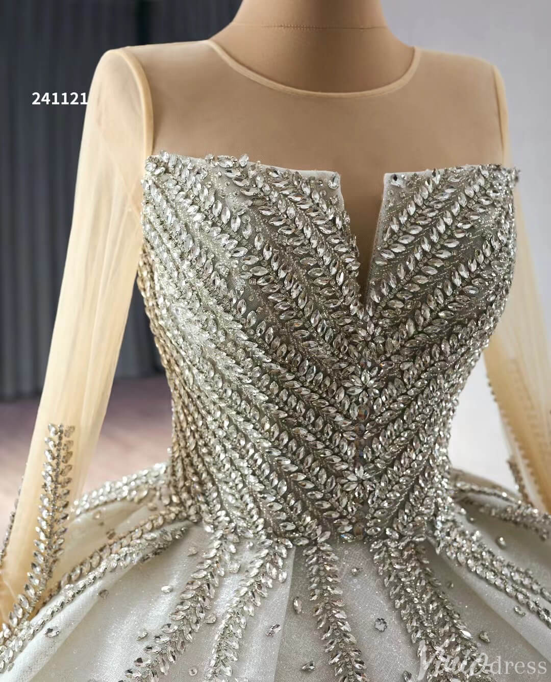 Modest Luxury Rhinestones Balll Gown Wedding Dresses with Sleeves 241121 - Viniodresswedding dressesIvoryCustom Size - Formal Dresses - Ball Gowns