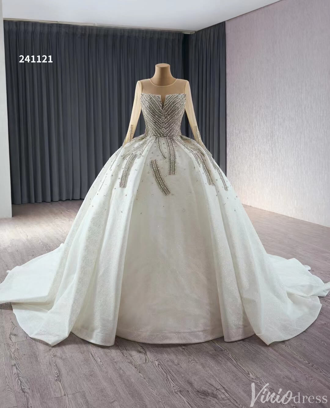 Modest Luxury Rhinestones Balll Gown Wedding Dresses with Sleeves 241121 - Viniodresswedding dressesIvoryCustom Size - Formal Dresses - Ball Gowns