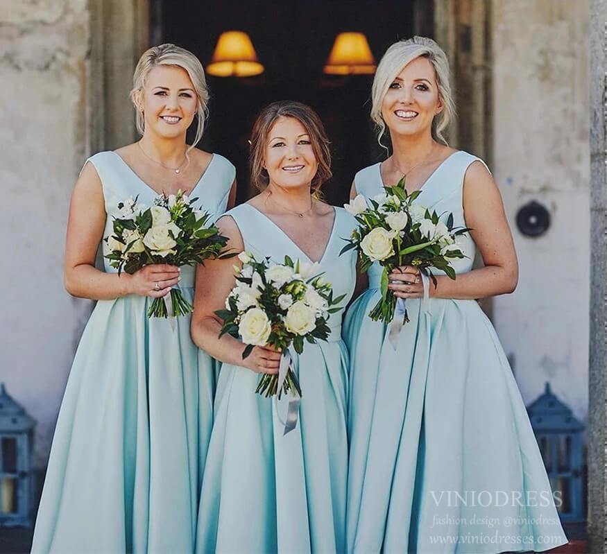 Modest Midi Length Light Blue Plus Size Bridesmaid Dresses VB1037-bridesmaid dresses-Viniodress-Viniodress