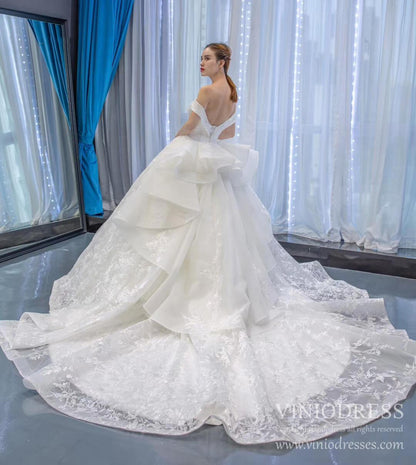 Modest Off the Shoulder Lace Wedding Dresses with Long Train VW1751-wedding dresses 2025 -Viniodress-Ivory-Custom Size-