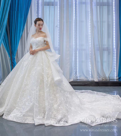 Modest Off the Shoulder Lace Wedding Dresses with Long Train VW1751-wedding dresses 2025 -Viniodress-Ivory-Custom Size-