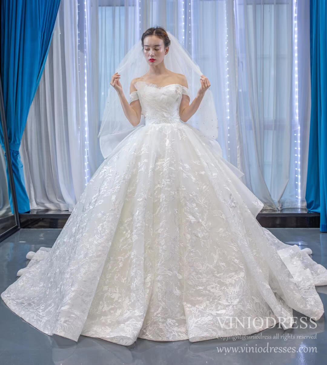 Modest Off the Shoulder Lace Wedding Dresses with Long Train VW1751-wedding dresses 2025 -Viniodress-Ivory-Custom Size-