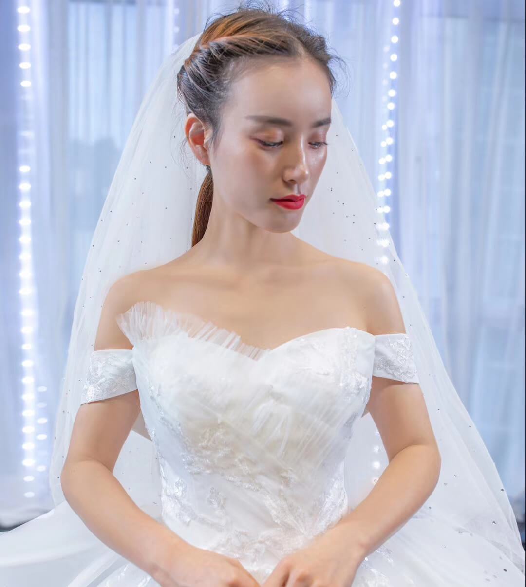 Modest Off the Shoulder Lace Wedding Dresses with Long Train VW1751-wedding dresses 2025 -Viniodress-Ivory-Custom Size-