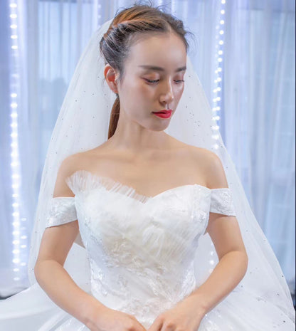 Modest Off the Shoulder Lace Wedding Dresses with Long Train VW1751-wedding dresses 2025 -Viniodress-Ivory-Custom Size-