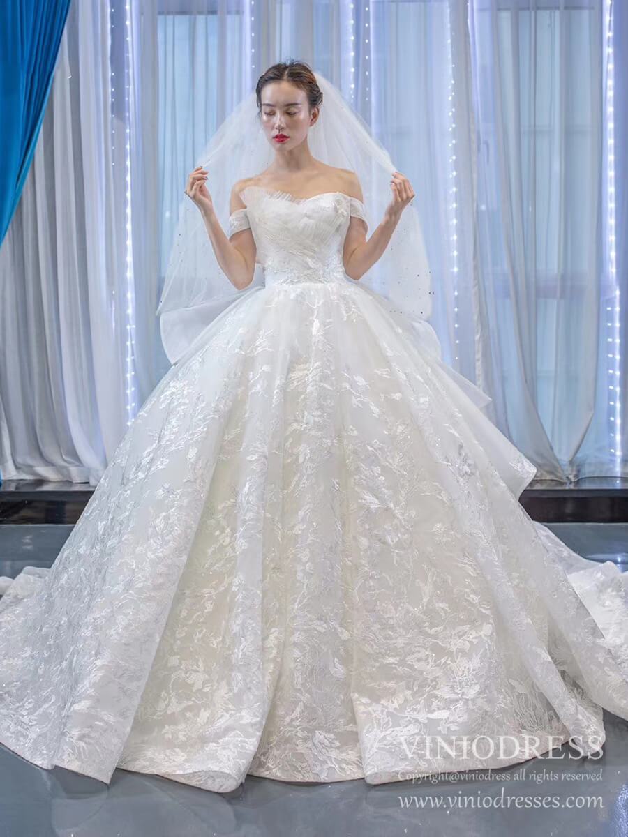 Modest Off the Shoulder Lace Wedding Dresses with Long Train VW1751-wedding dresses 2025 -Viniodress-Ivory-Custom Size-