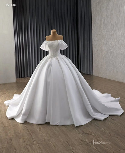 Modest Off-the-Shoulder Satin Wedding Dress| Pearl Bodice Ball Gown with Basque Waist & Corset Back 251146-wedding dresses 2025 -Viniodress-Ivory-Custom Size-