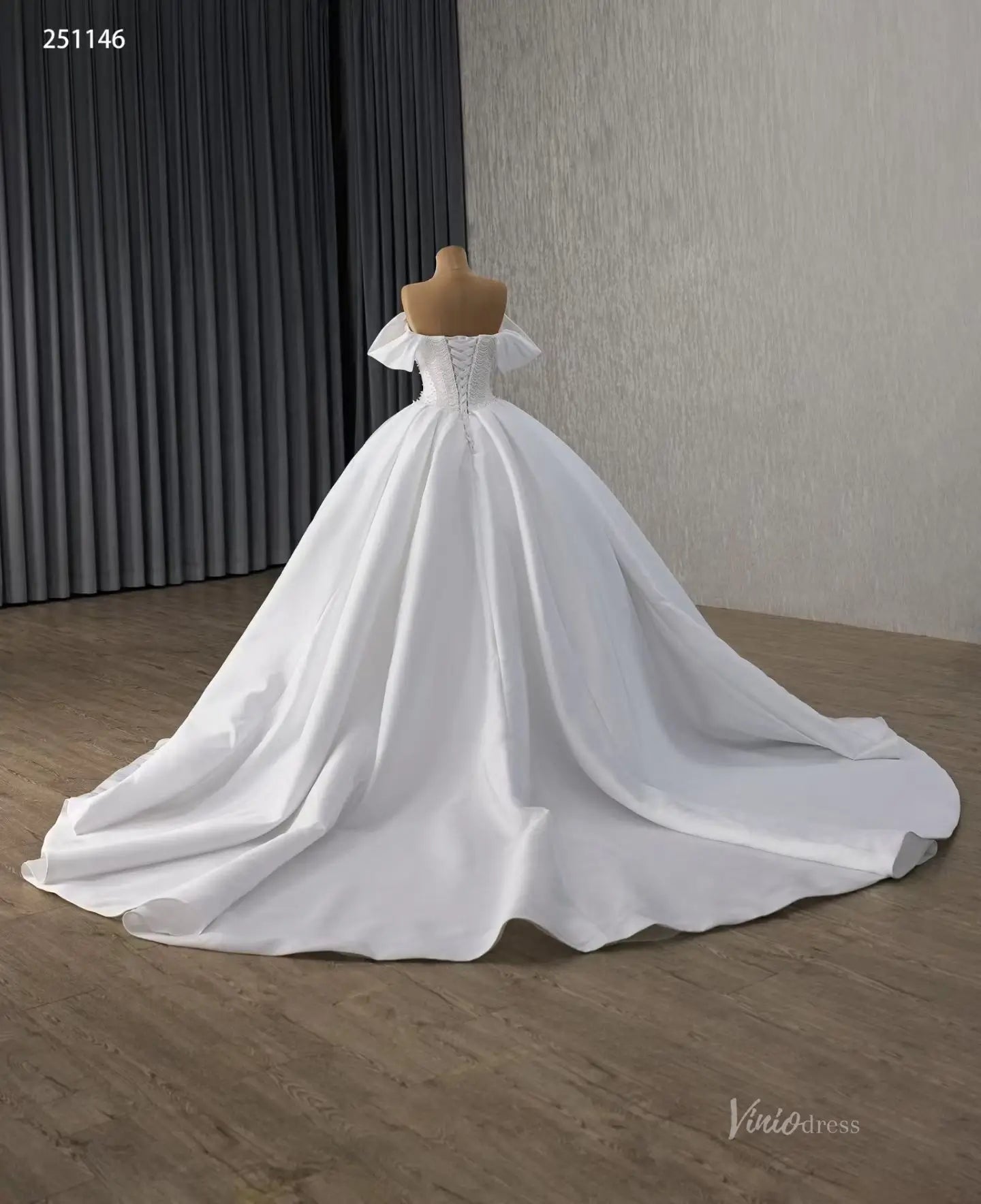 Modest Off-the-Shoulder Satin Wedding Dress| Pearl Bodice Ball Gown with Basque Waist & Corset Back 251146-wedding dresses 2025 -Viniodress-Ivory-Custom Size-
