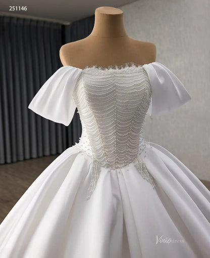 Modest Off-the-Shoulder Satin Wedding Dress| Pearl Bodice Ball Gown with Basque Waist & Corset Back 251146-wedding dresses 2025 -Viniodress-Ivory-Custom Size-