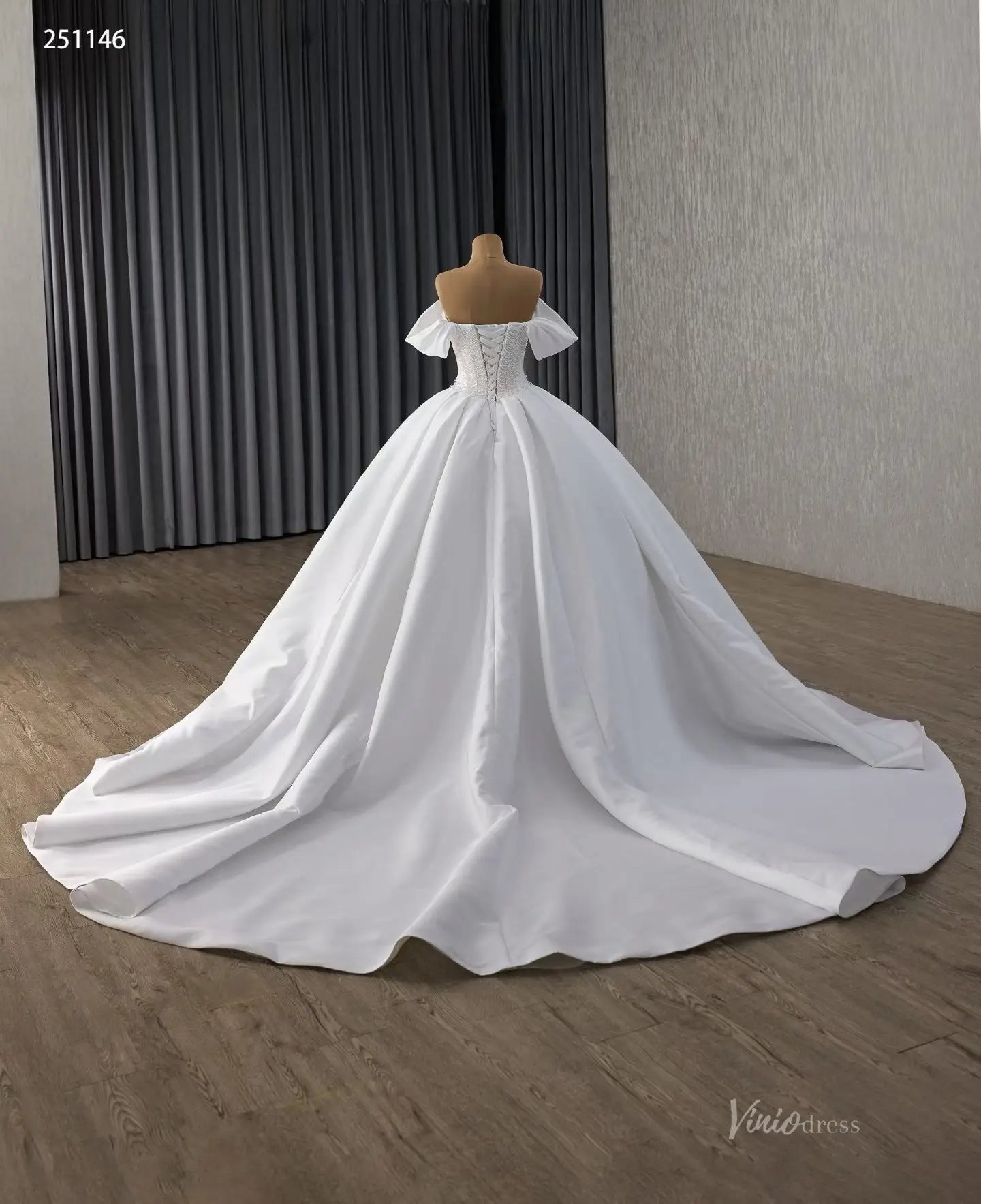 Modest Off-the-Shoulder Satin Wedding Dress| Pearl Bodice Ball Gown with Basque Waist & Corset Back 251146-wedding dresses 2025 -Viniodress-Ivory-Custom Size-