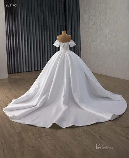Modest Off-the-Shoulder Satin Wedding Dress| Pearl Bodice Ball Gown with Basque Waist & Corset Back 251146-wedding dresses 2025 -Viniodress-Ivory-Custom Size-